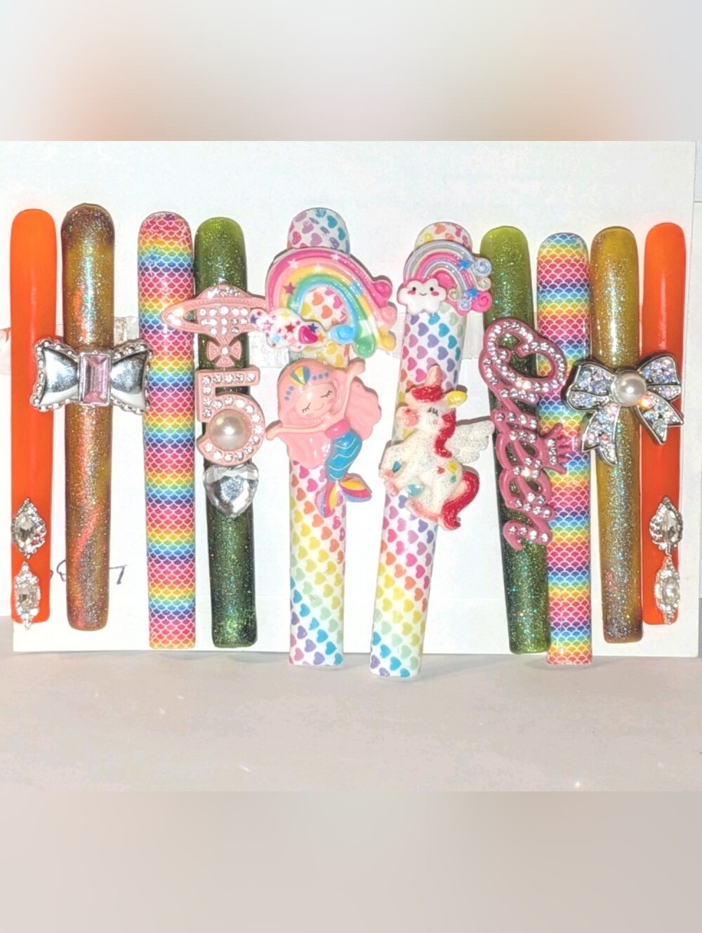 SolddddHand Crafted 6Xl Acrylic Rainbow & Orange Press-On Nails Set with Charms - Picture 5 of 16